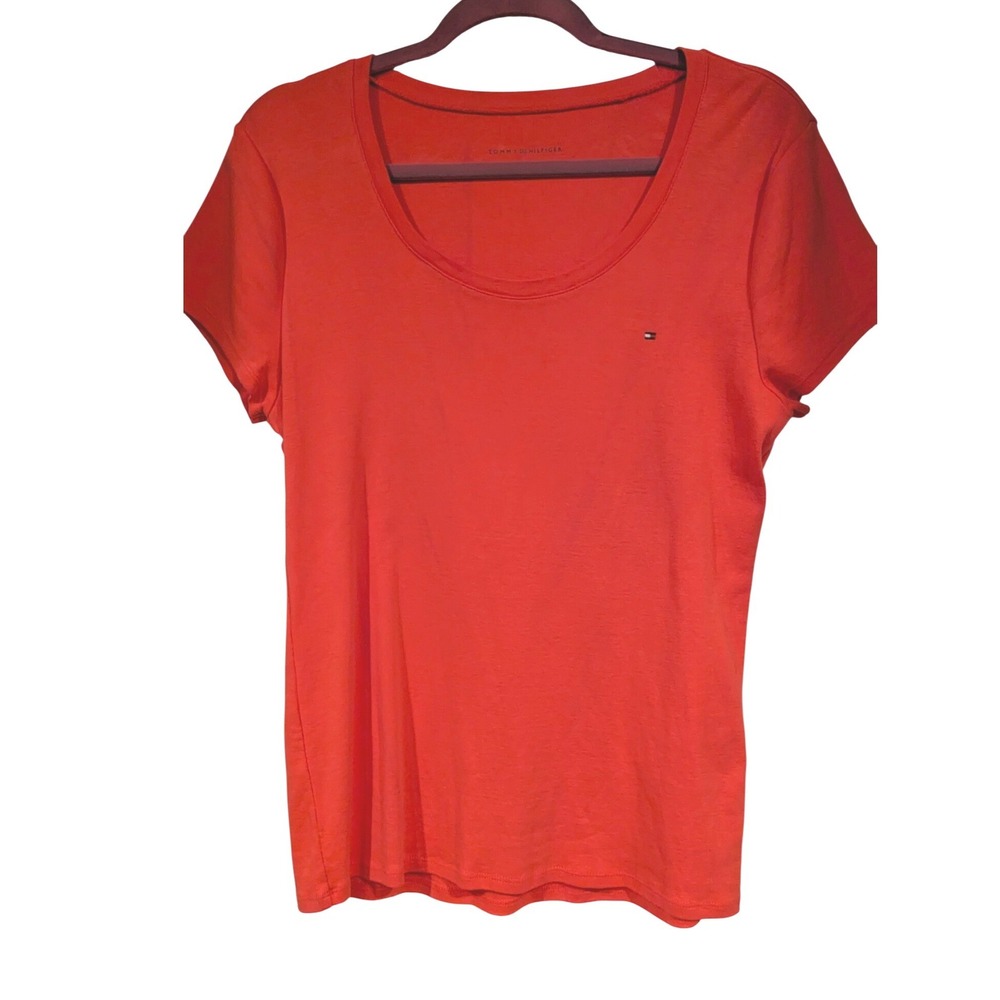 Tommy Hilfiger Womens XL Red Scoop Neck Short Sleeve Cotton Flag Logo T-Shirt